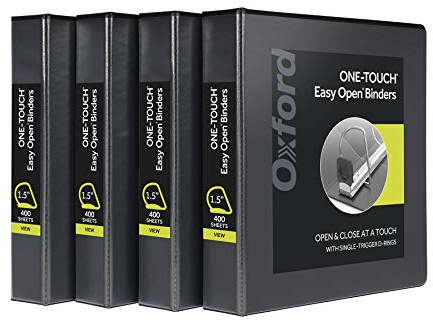 Oxford 3 Ring Binders, Binders for School and Office, Durable 1.5 Inch ONE-Touch Easy Open D Rings, View Binder Covers on 3 Sides, Durable Hinge, Non-Stick, PVC-Free, Black, 4 Pack (79905)