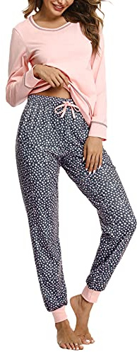 Litherday Schlafanzug Damen Lang Pyjama Baumwolle Nachtwäsche Winter Pyjama Set mit Sternenmuster Zweiteiliger mit Rundhals Sleepwear