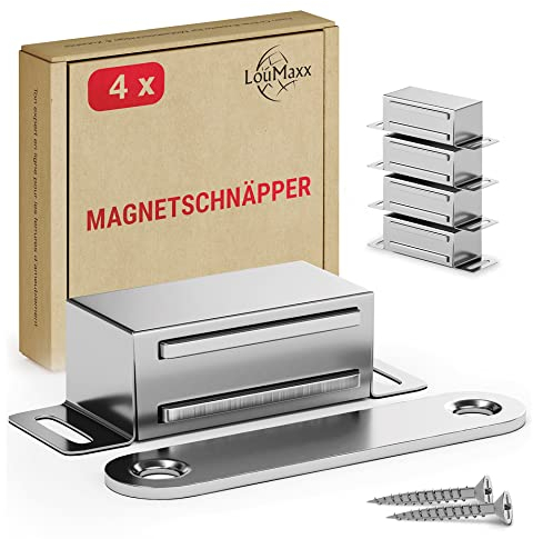 LouMaxx Magnetschnäpper stark - Haltekraft 4kg - 4er Set aus Edelstahl – Türmagnet - Schrankmagnet – Möbelmagnete – Tuer Magnetverschluss Edelstahl– Magnethalter Schranktür