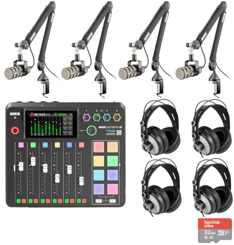 Rode RODECaster Pro 2 Audio Production Console with 4x PodMic Podcasting Microphones, PSA1+ Professional Boom Arms, Over-Ear Headphones, 32GB microSD Card, and 4x XLR Cables
