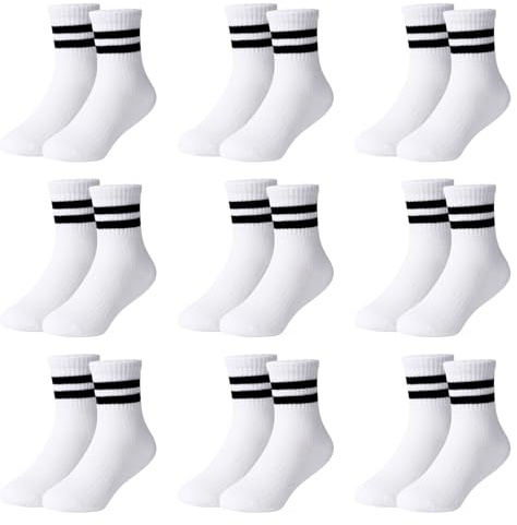 Moitiy 9 par strumpor, pojkar, barn, tennisstrumpor, barn, barnstrumpor, pojkar, flickor, elastisk bomull, unisex, strumpor, Vit, 23-26 EU
