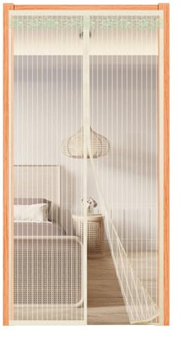 Fliegengitter Tür Magnet 85x210cm,Magnetvorhang Insektenschutz für Balkontür, Wohnzimmer & Terrassentür, Einfache Montage Ohne Bohren, Beige Streifen, Verschiedene Größen
