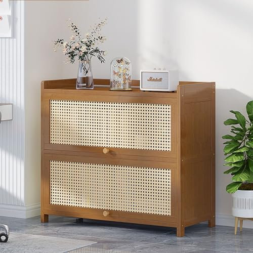 Rattan-Vitrine mit Klapptür, mit versteckter Klappvitrine, integrierte Vitrine für verschiedene Standorte, Braun, 59,9 x 31 x 74,4 cm