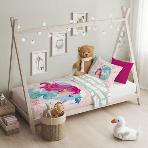 texpot Juego de ropa de cama infantil de 100 x 135 + 40 x 60 cm con bonitos diseños impresos, 100% algodón, cremallera, fácil de limpiar (sirena)