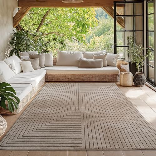 HomebyHome Teppich Wohnzimmer, Schlafzimmer, Wintergarten, Kurzflor Beige, Hoch-Tief-Effekt, weich & waschbar, Outdoor geeignet, pflegeleicht, 120x170 cm