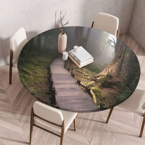 FANSU Tischdecke Outdoor Wetterfest Rund mit Gummizug, Rund Tischdecke mit 3D Muster Waschbar und Abwischbar für Esstisch, Couchtisch, Gartentisch Geeignet (Holzleiter,120cm)