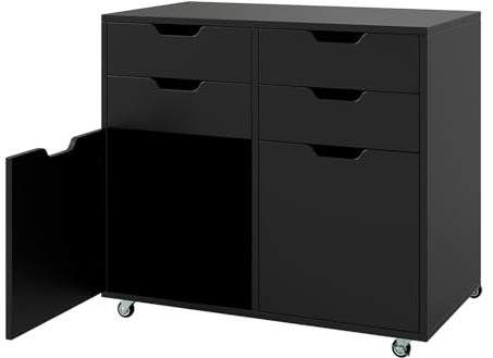 GIANTEX Caisson Bureau Mobile à 4 Tiroirs avec 2 Portes, Caisson Tiroir avec 5 Roulettes Universelles, Poignées Découpées, Meuble Tiroir Rangement Moderne pour Chambre, 73 x 40 x 64,5 cm, Noir