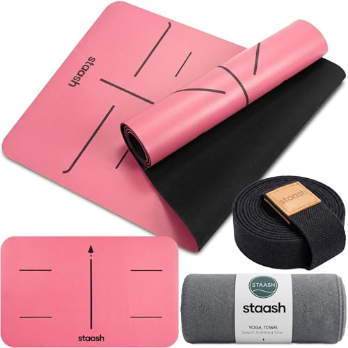 STAASH Premium Yoga Set – Tappetino da yoga in PU & gomma naturale + asciugamano in microfibra + cinturino da yoga + pad per mano – Ultra Grip, ecologico e qualità da studio per yoga esigenti (Studio