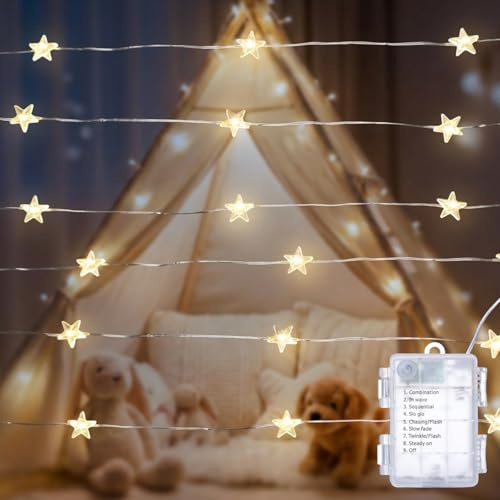 WEGRASY Batteriebetriebene Lichterkette Sterne, 6m 60 LED Mini Stern Lichterkette, 8 Modi Sternen Fairy Lights für Innen & Außen, Wasserdicht Warmweiß, Deko für Geburtstag Hochzeit Schlafzimmer