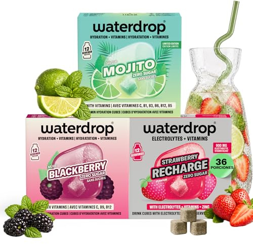 waterdrop® Coffret Mojito Dégustation - 36 Pastilles Hydratation, Cubes de Boisson aux 3 Saveurs: Mojito, Fraise & Mûre, Eau Aromatisée Sans Sucre avec Vitamines C & B, Vegan
