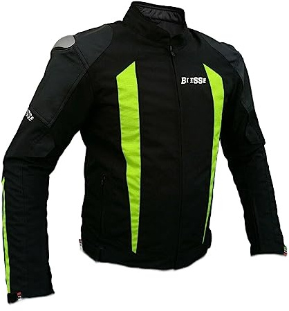 BS MOTO Veste de moto en tissu et cuir imperméable, course et sport avec protections CE, Noir/jaune fluo, 5XL