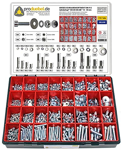 Großes Schrauben-Sortiment DIN 912 Zylinderkopf M4/M5/M6/M8 Stahl verzinkt 8.8 (DIN912+934+985+125+9021) 1751-tlg (Deluxe-Box)