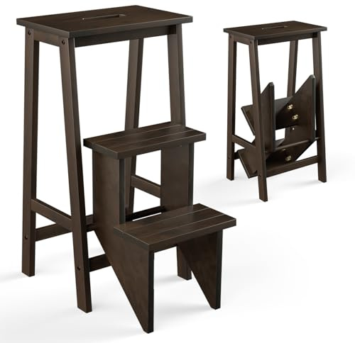Giantex 3 Step Ladder, Lightweight 3-in-1 Multifunctional Step Ladder with Anti-Slip Reversible Pedal, Hollow Handle Design, Used for Storage Shelf, Sitting Chair, Folding Pine Wood Step Ladders