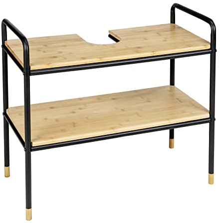 WENKO Waschbeckenunterschrank Loft mit 2 Ablagen aus FSC®-zertifiziertem Bambus, zur Aufbewahrung von Handtüchern/Badutensilien, Rahmen aus pulverbeschichtetem Metall, 70 x 60 x 33,5 cm, Natur/Schwarz