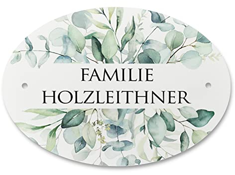 Feenstaub Personalisiertes Türschild, Haustürschild, Türschild personalisiert mit Namen, Familienschild Haustür Wohnungstür, Eukalyptus, Oval, 13cm x 9cm x 2mm, Kunststoff, Rustikal