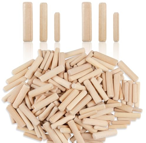 Sukh 200PCS Wooden Dowel Pins - Fluted Dowel Rods Variety Bucket with 1/4，5/16 and 3/8-inch for Joining in Furniture Door, Cabinets and Other Woodworking Projects or Crafts
