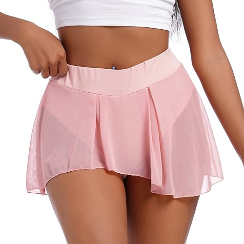 Women's Semi See Through Flowy Rave Bottoms Booty Shorts Mesh Tulle Pole Dance Outfit 2 in 1 Yoga Running Butterfly Shorts Skorts Skirted Mini Hot Pants Butt Lifting Bikini Cover Ups Pink 2XL