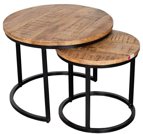 Mr. Deko Couchtisch 2er Set Fermo Mango Natur | Mangoholz | Vintage Optik | Kleine runde Beistelltische | Kleiner Wohnzimmer Tisch | Industrial Look