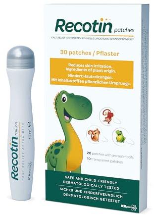 RECOTIN 30x Mückenpflaster + 15ml Roll On Set - 100% natürliche Inhaltsstoffe - pflegt & kühlt - - Urlaub Must Haves - Pflaster bei Mückenstichen und Bienen