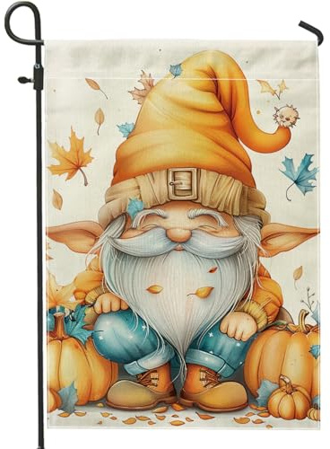 Drapeau de jardin de nain d'automne, décoration de citrouille d'automne orange, drapeau de cour double face en toile de jute, décoration de pelouse extérieure de Thanksgiving saisonnière 30,5 x 45,7