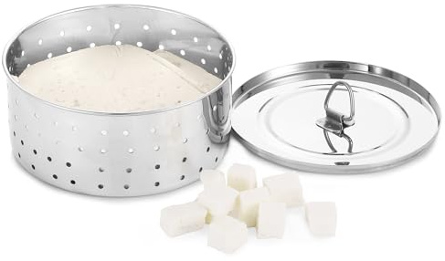 KSJONE Stainless Steel Round Paneer Maker/Mould/Strainer Perfect for Making Delicious Tofu, Stainless Steel Paneer Maker with Top Pressing Lid - Size 5.5W x 5.5L x 2.3H inches