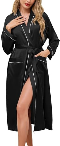 Sopesil Peignoir de Bain Femme Satin Robe de Chambre Femme Kimono Long à Col V Peignoirs Ample avec Poches Confortable à la Maison Noir S