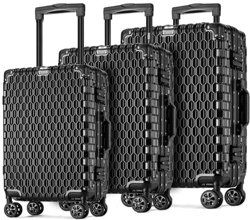 POSH Resväska hårt skal – polykarbonathjul med aluminiumram och TSA-lås – M, L, XL resväska 60, 70, 80 cm, tyst 360 graders dubbla hjul, svart, SET, Fodral med hårt skal av polykarbonat, förstärkt