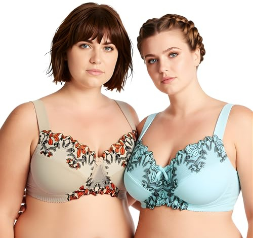Curve Muse Women Plus Size Minimizer Reggiseno Sfoderato Senza Fili con Confezione in Pizzo ricamato-2-Nude, Blu Chiaro-9G