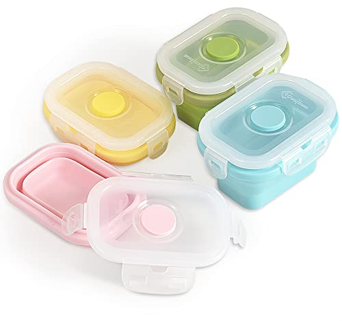 Cozihom Collapsible Silicone Food Storage Container with Clip-on Lid, Stackable, Space Saving, Microwave/Fridge/Freezer/Dishwasher Safe, BPA Free, 5 Oz /150ml, 4 Packs