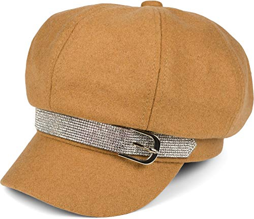 styleBREAKER Damen Bakerboy Schirmmütze mit Strass Band und Schnalle, Ballonmütze, Filz Optik, Newsboy Cap 04023073, Farbe:Camel