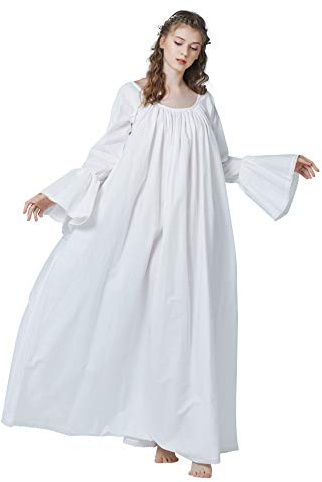 BEAUTELICATE Viktorianisches Nachthemd Langarm 100% Baumwolle Lang Nachtkleid Für Damen Braut Hochzeit Loses Retro Nachtwäsche (Elfenbein, M)