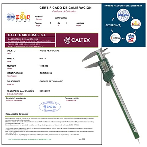 Pie de rey INSIZE 1108-200 - Pie de rey Calibrado ENAC - Incluye Certificado de Calibracion Acreditado