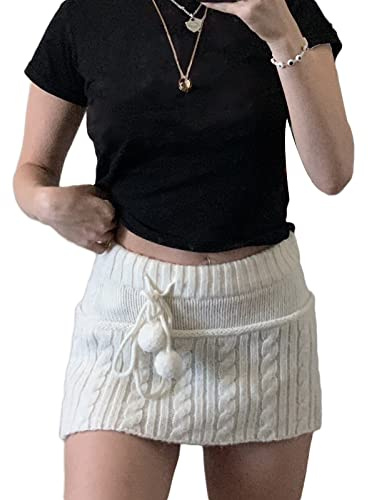 Gonna aderente a maglia minigonna fata grunge a coste in maglia a vita bassa Y2k gonne a matita tinta unita gonna corta elasticizzata, bianco, L