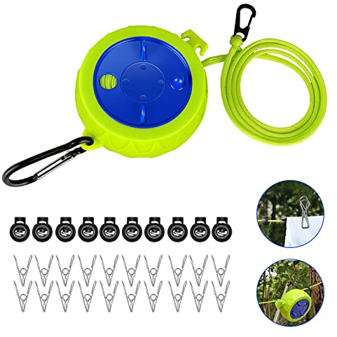 vvhippo 10M Corde a Linge Retractable avec 10 Boucles Fixes et 20 Pinces Coupe-Vent, Corde à Linge Portable, pour Camping, pour Vacances en Plein air, Salle de Bain, buanderie, Jardin ou Voyage
