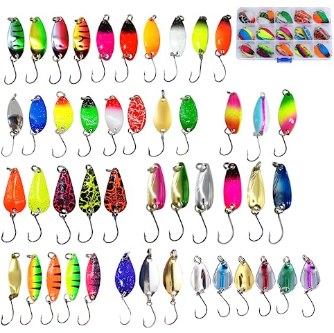 Yeelan Forellen Spoon Set, 46 Stück Forellenköder, Spinner Blinker Set 2g/ 2.5g/ 3g/ 3.2g/ 3.5g/ 4.5g/ 5g Löffelköder, Spoons Forelle mit Aufbewahrungsbox, Lieblingsköder Set für Hecht, Zander, Barsch