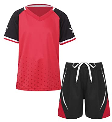 Yeahdor pojkar sportset kortärmad sport t-shirt tröja med sportbyxor kort träningsoverall fotbollskläder set fitness löpning basket, La röd A, 122-128