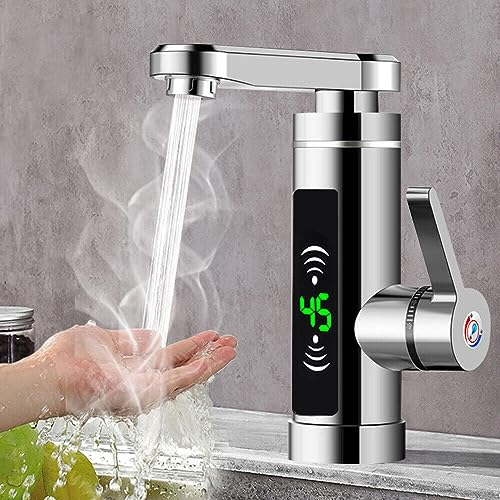3KW Elektrischer Wasserhahn, 360° Drehbarer Wasserhahn, Elektrischer Wasserhahn mit Durchlauferhitzer, Bad/Küche Durchlauferhitzer mit LED Temperaturanzeige. (Silber)
