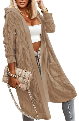 WIFFGO Huvtröja öppen framsida cardigan för kvinnor kabelstickade tröjor tjocka fickor överdimensionerade knälånga långa kappor, I:khaki, XL
