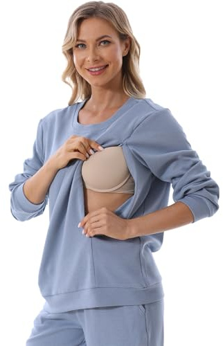 FEOYA - Sudadera para embarazadas, de manga larga, para dar de lactar, camiseta de lactancia, camiseta de maternidad, moda premamá, jersey cálido para amamantar, azul, XXL