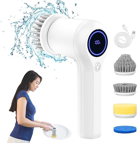 Smiling Shark Brosse Nettoyage Electrique, Brosse Wireless Rechargeable IPX7 Waterproof avec Écran LED & 4PCS pour Nettoyer la Salle de Bains Cuisine Baignoire, Brosse-Nettoyage-Electrique-sans-Fil