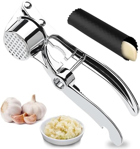 Presse-ail 5 en 1 en acier inoxydable - Passe au lave-vaisselle - Avec éplucheur d'ail en silicone - Gadgets de cuisine - Broyeur professionnel - Presse à main