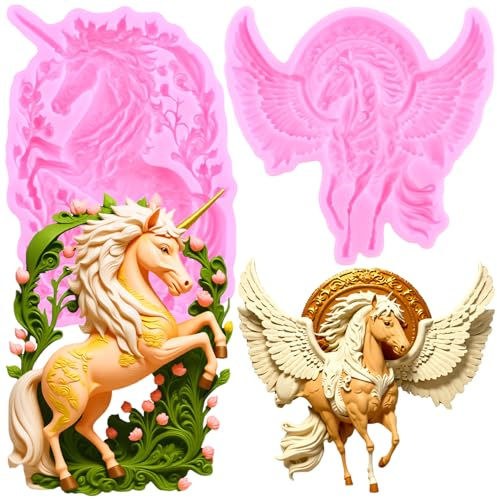 RFGHAC Unicorn Silicone Moulds Flying Horse Fondant Moulds for Cake Decorating Chocolate Gum Paste Candy Polymer Clay Set of 2