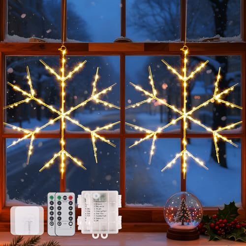 100 LED (2 Stück) Schneeflocke Weihnachtsdeko Fenster Beleuchtet, Beleuchtung Fenster Weihnachten mit 8 Modi Timer, Warmweiß Fensterdeko Weihnachten Beleuchtet für Weihnachtsdeko Innen,Fenster,Balkon