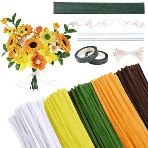 Kesote Piprensare 200 x piprensare för pyssel blommor set 5 färger piprensare med blomtråd gör-det-själv blombukett orange pyssel jul present dekoration blomma solros