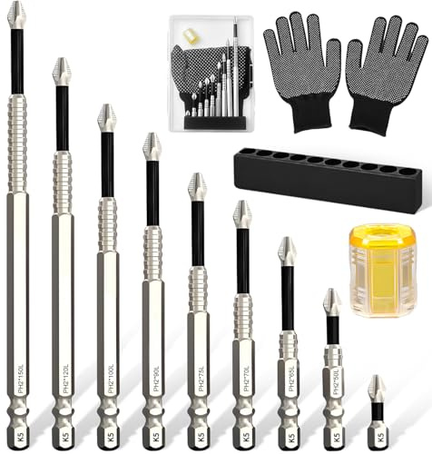 9 Piezas Juego de Puntas Atornillador Imantadas Puntas Destornillador Resistente Impacto Ph2 Brocas Antideslizantes con Anillo Imantador para Taladros Electricos y Atornilladores Impacto (25-150 mm)