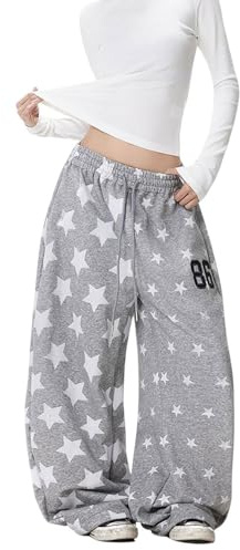 Skateboard Frog Y2K Streetwear Pantalone Baggy Hip Hop Donna Stelle Ricamate Grigio Jogging Largo con Cordino Ricamo