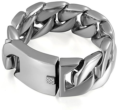 JewelryWe Personalisierte Schmuck Herren Armband mit Gravur, 30mm Breit Top-Qualität Groß Schwer Hochglanz Poliert Panzerkette Armkette, Edelstahl, Silber