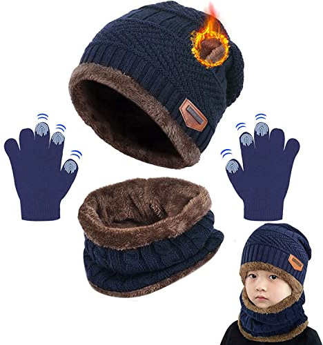 CheChury Kids Knitted Beanie Hat Circle Scarf and Gloves Set Super Soft Fleece Inner Lining Warm Hat Neck Warmer and Gloves Set for Outdoor 3-11 Years old,A-Navy,One size