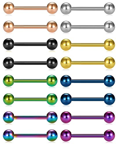 JFORYOU Set med 100 tungpiercing, bröstvårta i rostfritt stål och Bioflex akryl 14 G tungstång, bröstvårta, bröstvårta
