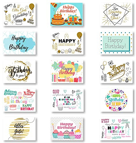 Domelo Geburtstagskarten 15er Set mit Umschlag, Happy Birthday Postkarten | Kraftpapier Karten zum Geburtstag, Geburtstagskarte für Mann/Frau/Kinder, Postkarte als Grußkarten. 15 Karten + 15 Umschläge